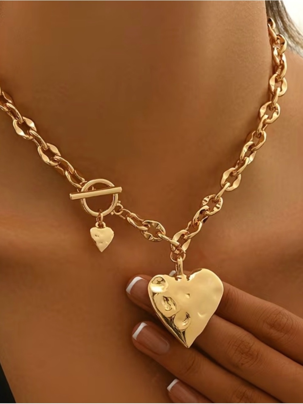 Gold Heart Toggle Necklace with Chunky Chain - Women Jewelry